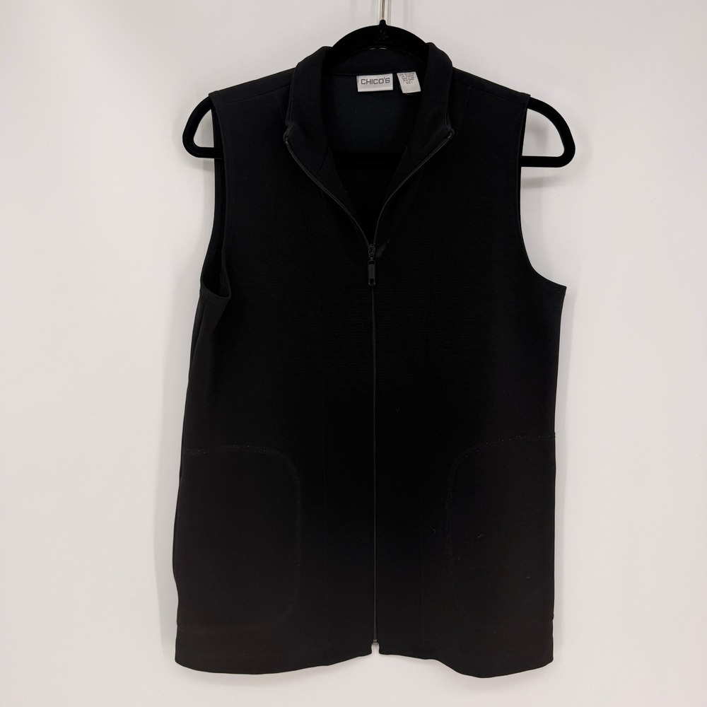 Chico's Vest Women 1 Black Full Zip High Neck Pockets Stretch Workwear versatile